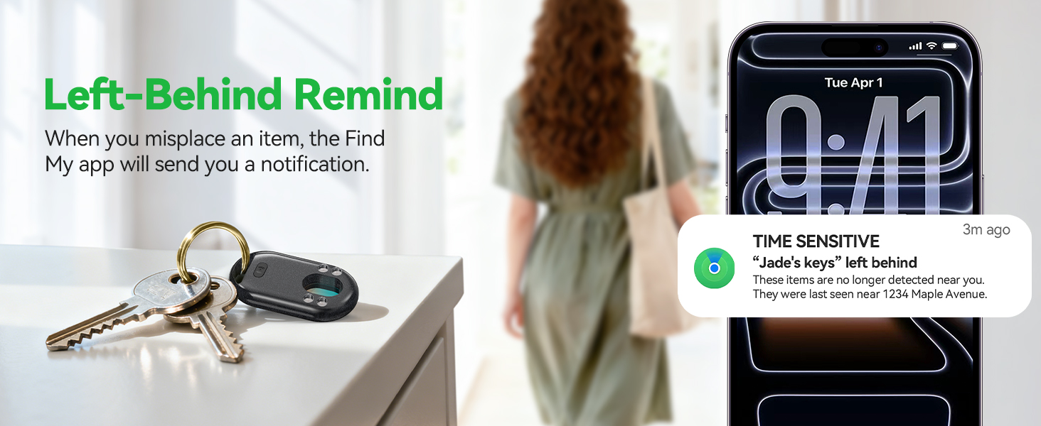 A woman leaves her keys with a tracker behind, and her phone sends a left-behind alert.