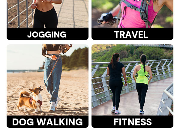 Women using wristlet wallets while jogging, traveling, walking dogs, and working out