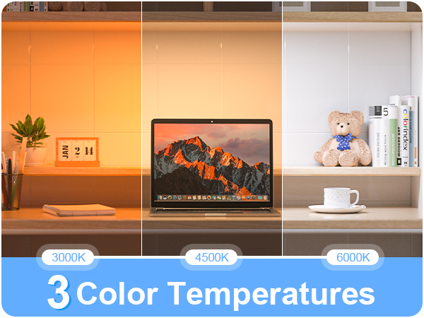 Demonstration of smart lighting with three color temperatures: 3000K (warm), 4500K (neutral), and 6000K (cool), showcasing effects on a room with laptop and shelves.