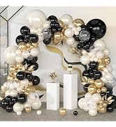 Amandir 173Pcs Black Pearl White Gold Balloons Arch Garland Kit | Pearl White Black Chrome Gold C...
