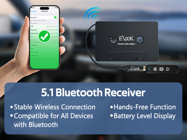 5.1 Bluetooth Receiver Kit for Cassette Aux Adapter with 3.5 MM Auxillary Cable