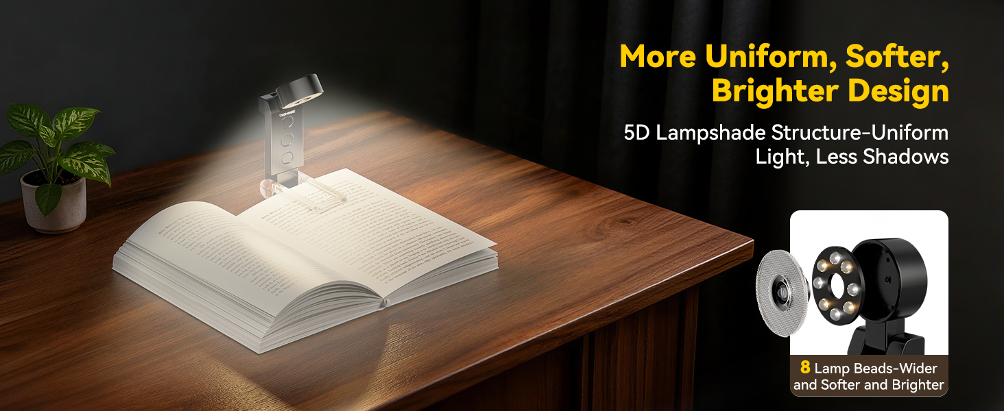 TechRise reading light with horizontal head provides wider, even light to reduce eye strain