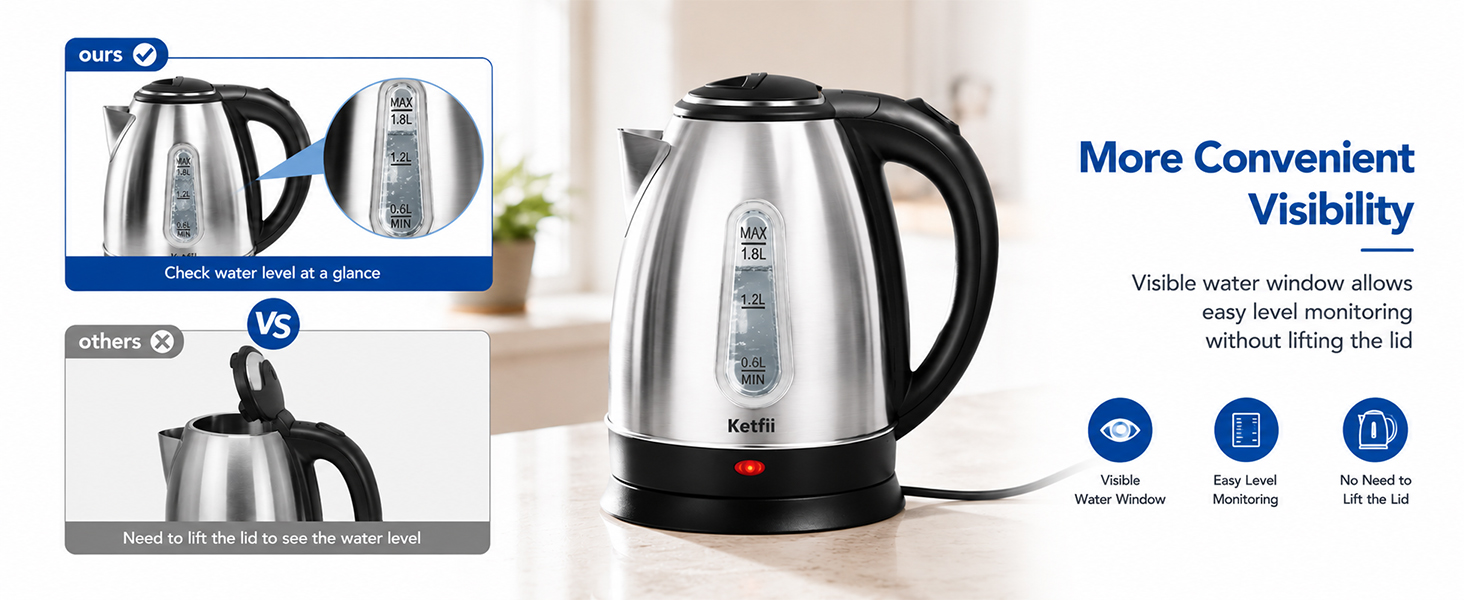 Electric Kettle, Stainless Steel 1.8 Liters Tea, Coffee Kettle &amp;amp; Hot Water Boiler