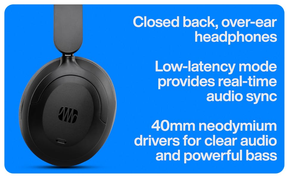 Closed back over ear headphones with low latency mode and clear audio