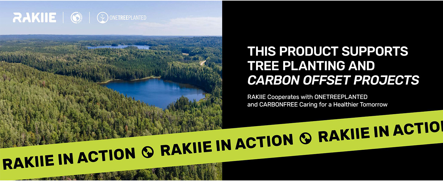 Aerial view of forested landscape with lake. Text overlay highlights product's support for tree planting and carbon offset projects. Yellow banner reads 'RAKIIE IN ACTION'.