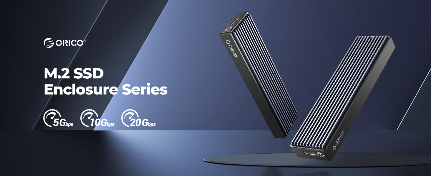 ORICO M.2 SSD enclosure series advertisement showing sleek black ribbed storage devices against dark blue background.