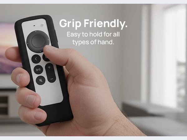 Hand holding Siri Remote with GripStand case, easy to grip and use in living room setting