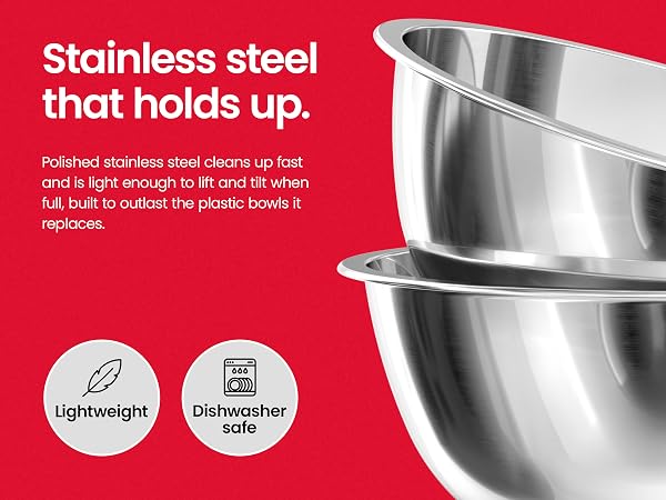 Stainless steel that holds up. Polished stainless steel cleans up fast and is lightweight.