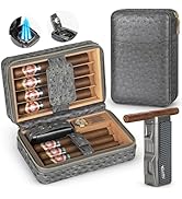 Scotte Cigar Humidor Box, Cigar Lighter Cedar Wood Lined Leather Cigar Case Built in Hygrometer &...