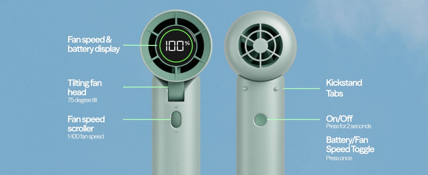 hanheld fan features fan speed and battery display, tilted head, speed scroller, kickstand tabs, etc