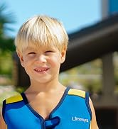 Blue and yellow children's swimwear vest with 'Limmys' branding. Sleeveless design with front zipper closure for easy wear and removal.