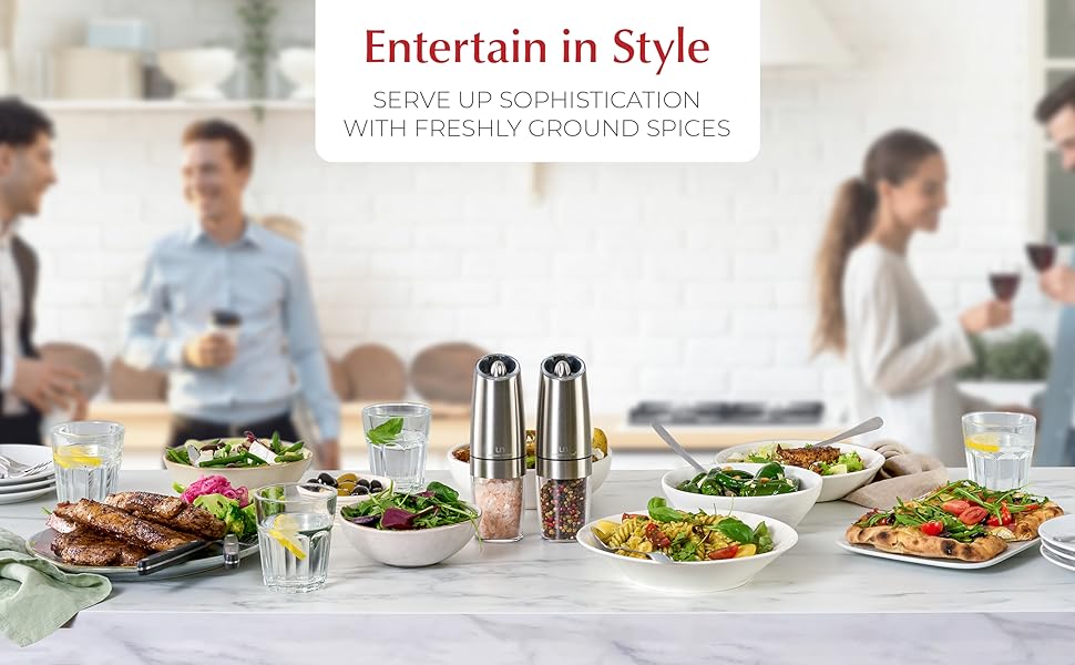 A lifestyle images focusing on the grinders while patrons socialize in a gorgeous modern kitchen