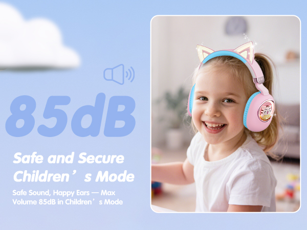 Text reads 'Safe and Secure Children's Mode'. Blue-tinted promotional images showing child safety features of a device.