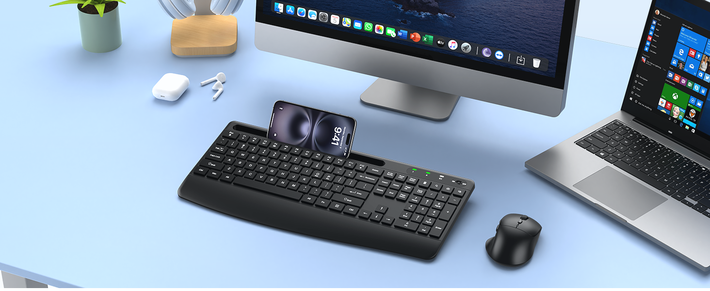 Wireless Keyboard and Mouse, Comfort Ergonomic Palm Rest Keyboard Mouse Combo Phone Holder