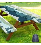 Smiry Picnic Table Cover with Bench Covers, Waterproof Elastic Fitted Tablecloth for 6 Foot Table...