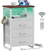 runjuly Bed Side Table with 3 Fabric Drawers, Night Stand with Charging Station, LED Nightstand w...