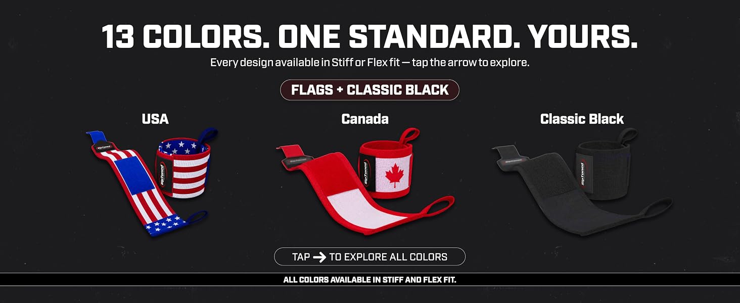 Rip Toned wrist wraps - USA flag, Canada flag and classic black, stiff or flex fit