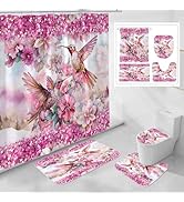 Litabel 4 Pcs Pink HummingBird Flower Shower Curtain Sets with Rugs for Bathroom Decor, Rustic Fl...