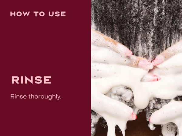 Close up shot of curly wet hair covered in conditioner being rinsed, next to rinsing instructions