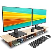 Aothia Large Dual Monitor Stand Riser, Solid Wood Desk Shelf with Eco Cork Legs for Laptop Comput...