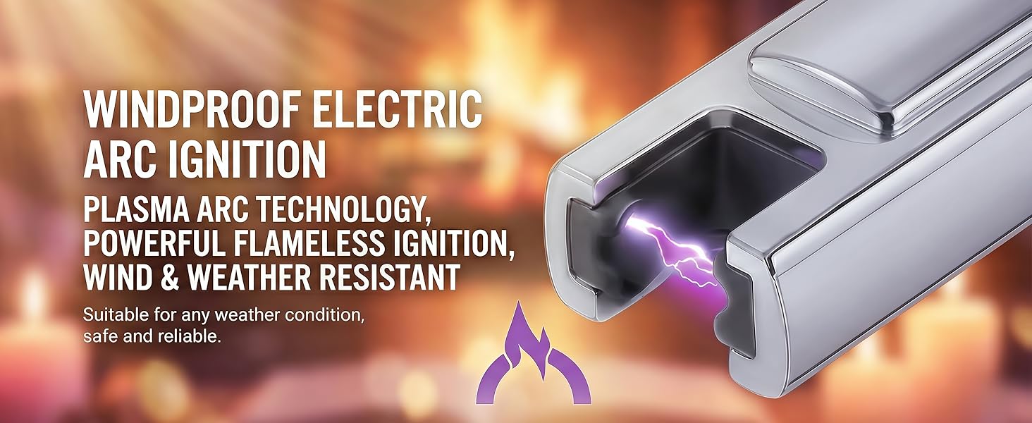 electric lighter tip emitting dual purple plasma beams against a warm background of lit candles