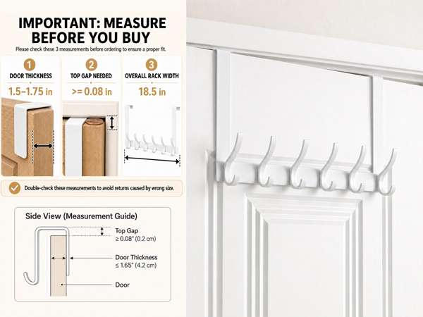Door hook measurement guide for door thickness and top gap