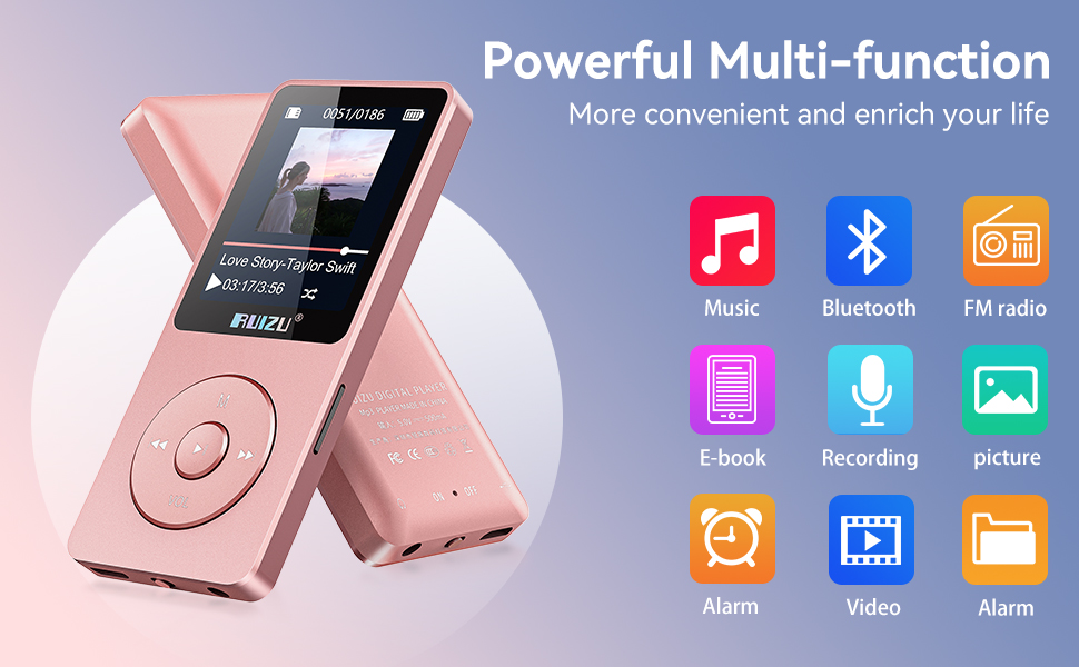 64GB MP3 Player with Bluetooth 80 Hour Playback HiFi Lossless Sound Music Player Micro SD Card 128GB