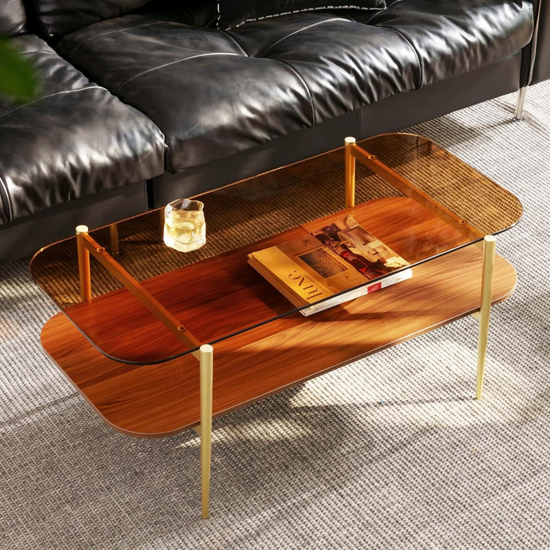 Tadio Glass Coffee Table, Mid-Century Modern Coffee Table for Living Room, Gold Finish Leg, Coffee Brown Glass Top & Walnut Brown Shelf, Rounded Corners