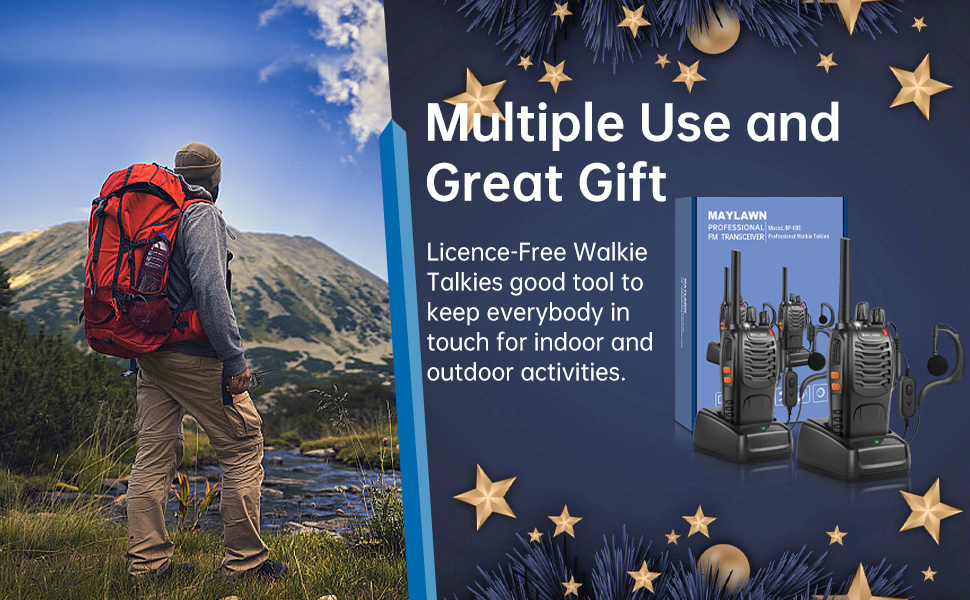 Split image featuring a hiker with backpack and two black walkie-talkies. Text promotes 'Multiple Use and Great Gift' for outdoor activities.