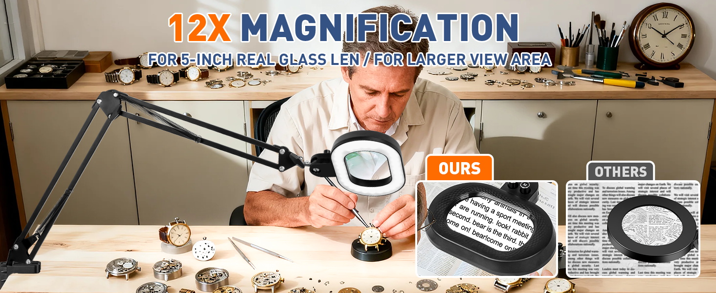 magnifying glass with light lighted stand for close work 12X magnification crafts hands free