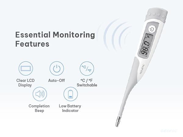 GEONIC B127 digital thermometer featuring a flexible tip, fever alert, and easy-to-read display.