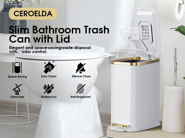 Slim and Compact Trash Can with Lid for Bathroom