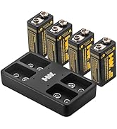 HW 9V Batteries,[4-Pack] 3600mWh Rechargeable 9 Volt Battery with Charger Square Li-ion Betaria f...