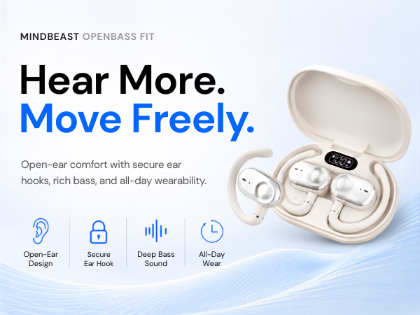 MINDBEAST OpenBass Fit open-ear earbuds with charging case