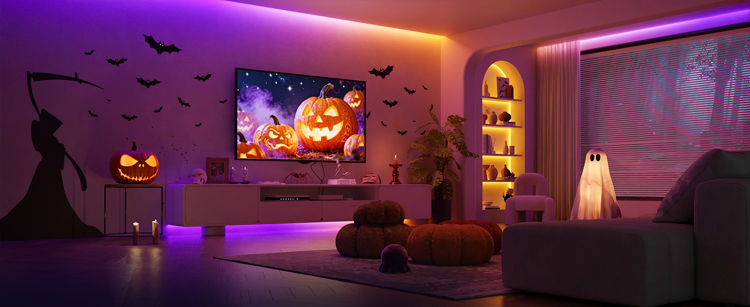 Text reads 'Image 2'. Halloween-themed room with purple LED lighting, featuring decorative bats on walls, jack-o'-lantern projections, and spooky ambient lighting effects.