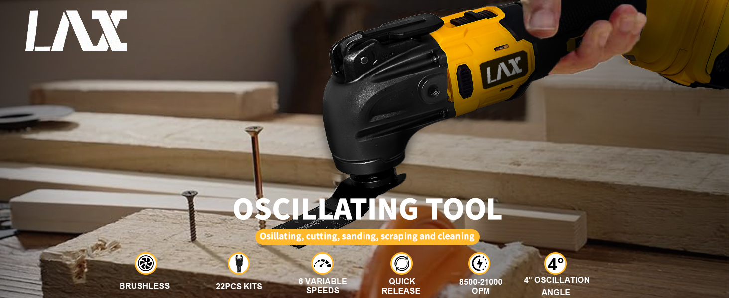 Yellow and black oscillating power tool removing a nail from wood. Features include variable speed, multi-tool functionality, and quick-change blade system. Demonstrated in use on wooden surface.