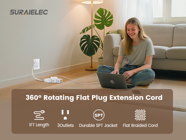 360° Rotating Flat Plug Extension Cord