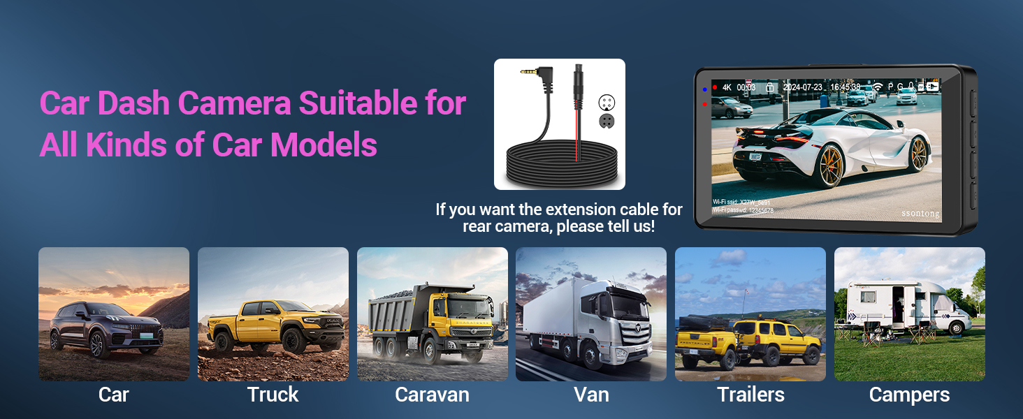 Dashboard camera advertisement showing compatibility with various vehicles including cars, trucks, vans, trailers and campers, with product interface display.