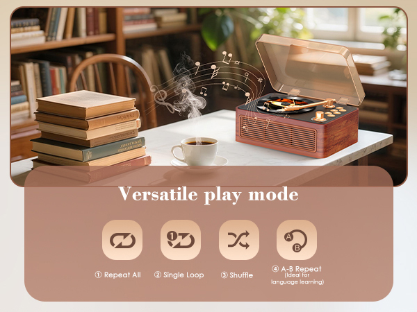 Text reads 'Versatile play mode'. Interface showing four circular icons on dusky rose background, featuring controls for audio device, with stack of books and player visible on white surface above.