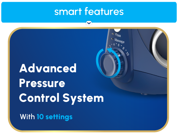 Image of Waterpik floss machine settings dial with text reading advanced pressure control system.