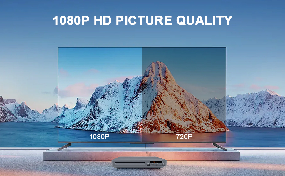 Text reads '1080P HD PICTURE QUALITY'. Series of landscape images showing snow-capped mountains against water and sky in vibrant high-definition quality.