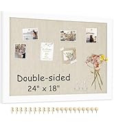 AMUSIGHT Double-Sided Large Cork Board with Linen, 24" x 18" Hanging Wood Framed Bulletin Board, ...