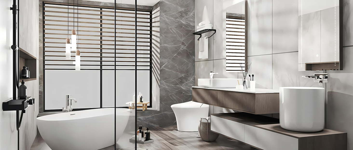 Modern bathroom with freestanding bathtub, glass shower partition, floating vanity, and round mirror. Features white fixtures and wood accents for a sleek, minimalist design.