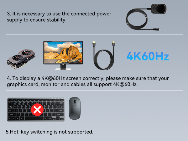 Infographic about 4K60Hz display setup. Shows power supply, graphics card, monitor, and cables. Warns about keyboard compatibility and emphasizes proper hardware support.