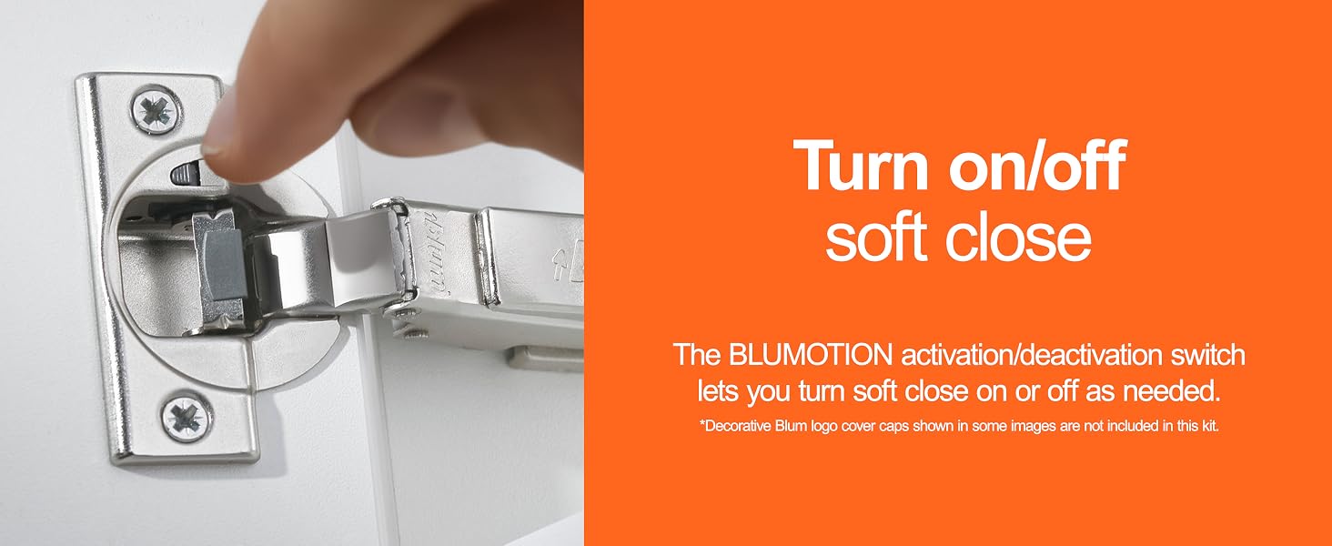 A close-up of a door hinges on/off switch. Text reads: Turn on/off soft close.