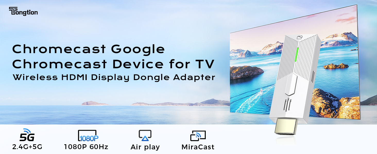 Text reads 'Chromecast Google Chromecast Device for TV Wireless HDMI Display Dongle Adapter' with icons showing 5G, Smart WiFi, Air Play, and AirPort features. Device shown against blue background.