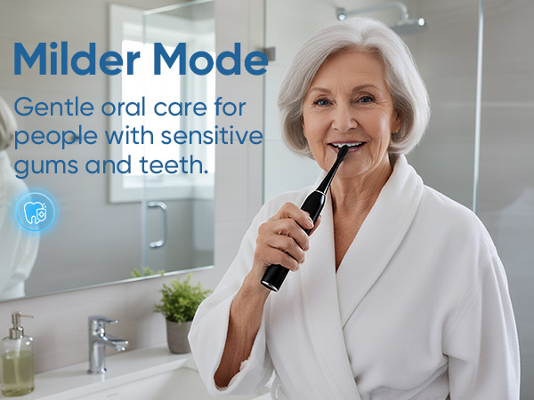 Text reads 'Milder Mode' and 'Gentle and care for people with sensitive' visible at top. Series of bathroom scenes showing dental care and hygiene routines being performed.
