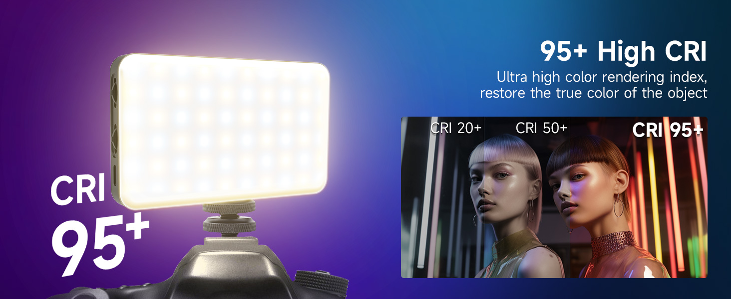 LED lighting product advertisement showing 95+ CRI rating with demonstration of color accuracy in lighting conditions.