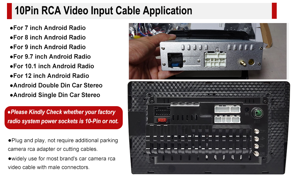 WildTundra Android Car Stereo Radio 10-Pin RCA Plug with Rearview Backup Camera