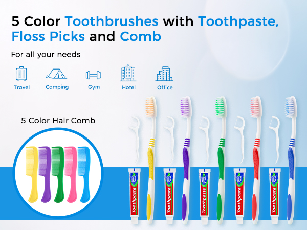 4-in-1 Toothbrushes with Toothpaste, Floss Picks and Comb in Bulk